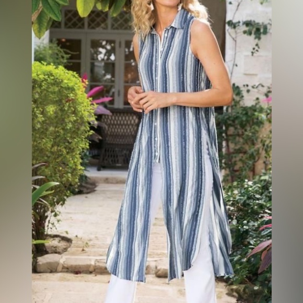 Soft Surroundings‎ Woman Size Medium Sleeveless Indigo Stripes Tunic Top